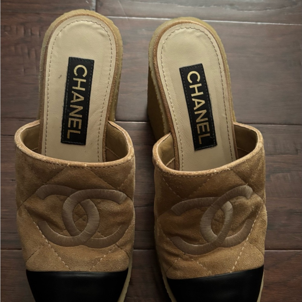 CHANEL Tan and Black Mules Luxurious Suede Design
